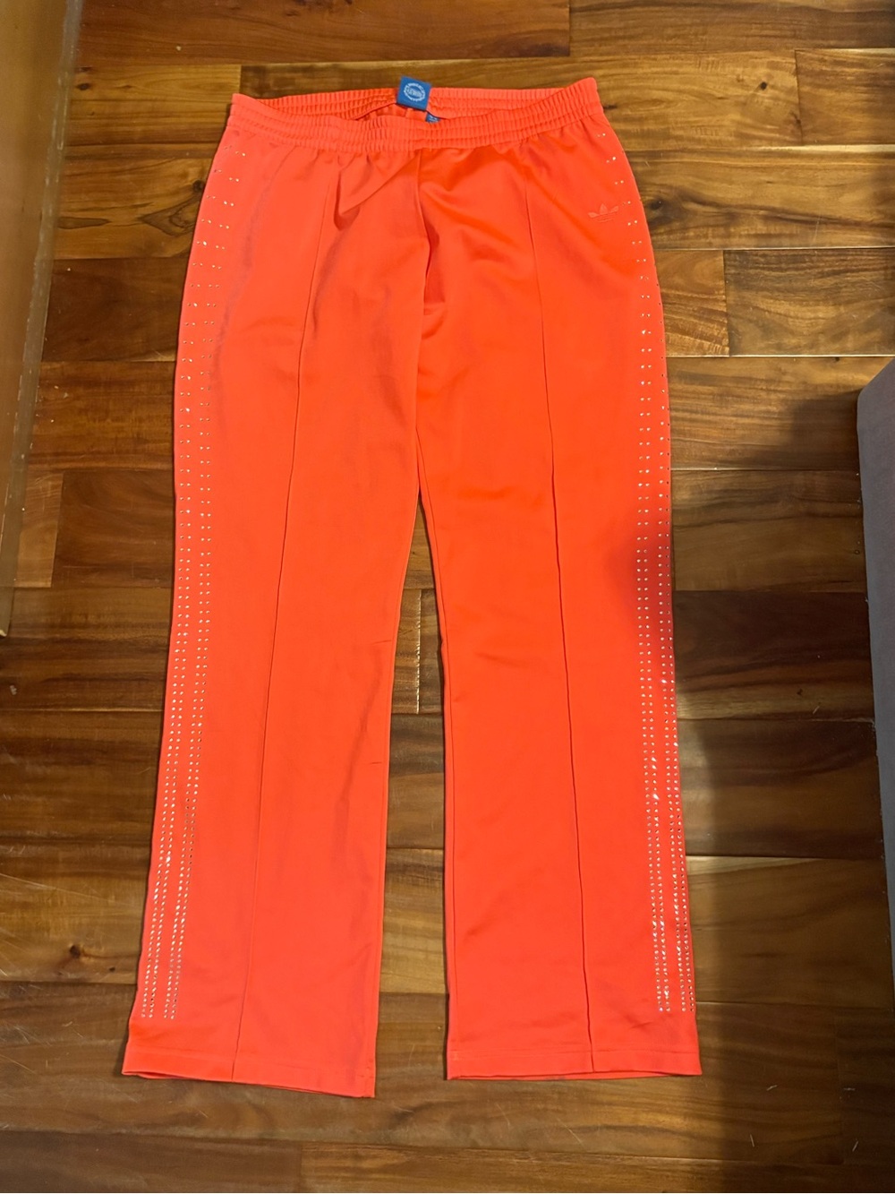 Vintage Adidas Neon Coral Rhinestone Track Pants Y2K Wide Leg Joggers M (0804)